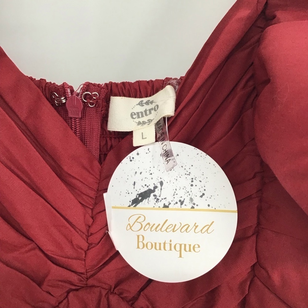 ENTRO NWT Poplin Ruffle Sleeve Baby Doll Mini Dress Maroon Career Size L - Picture 7 of 11